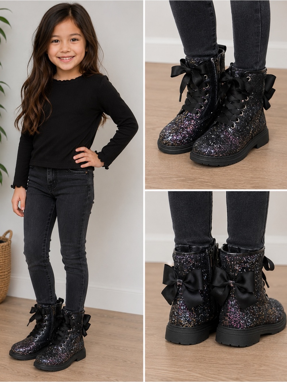 JoJo Siwa Girls Black Glitter Bow Combat Boots – Size 12